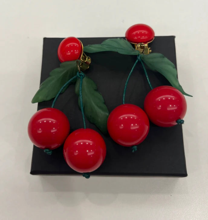 Acrylic Red and Green Cherry Stem Earrings