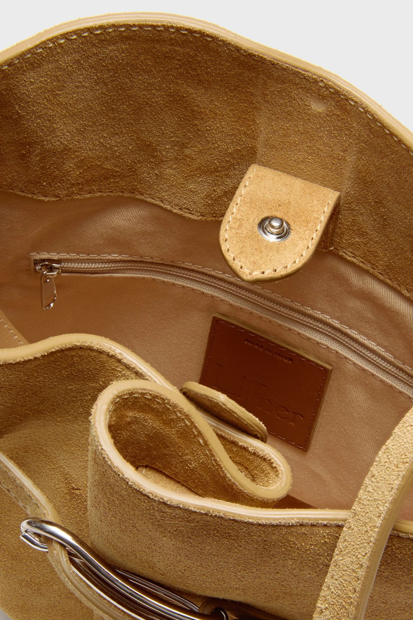 Beige Cow Suede Belted Bucket Bag