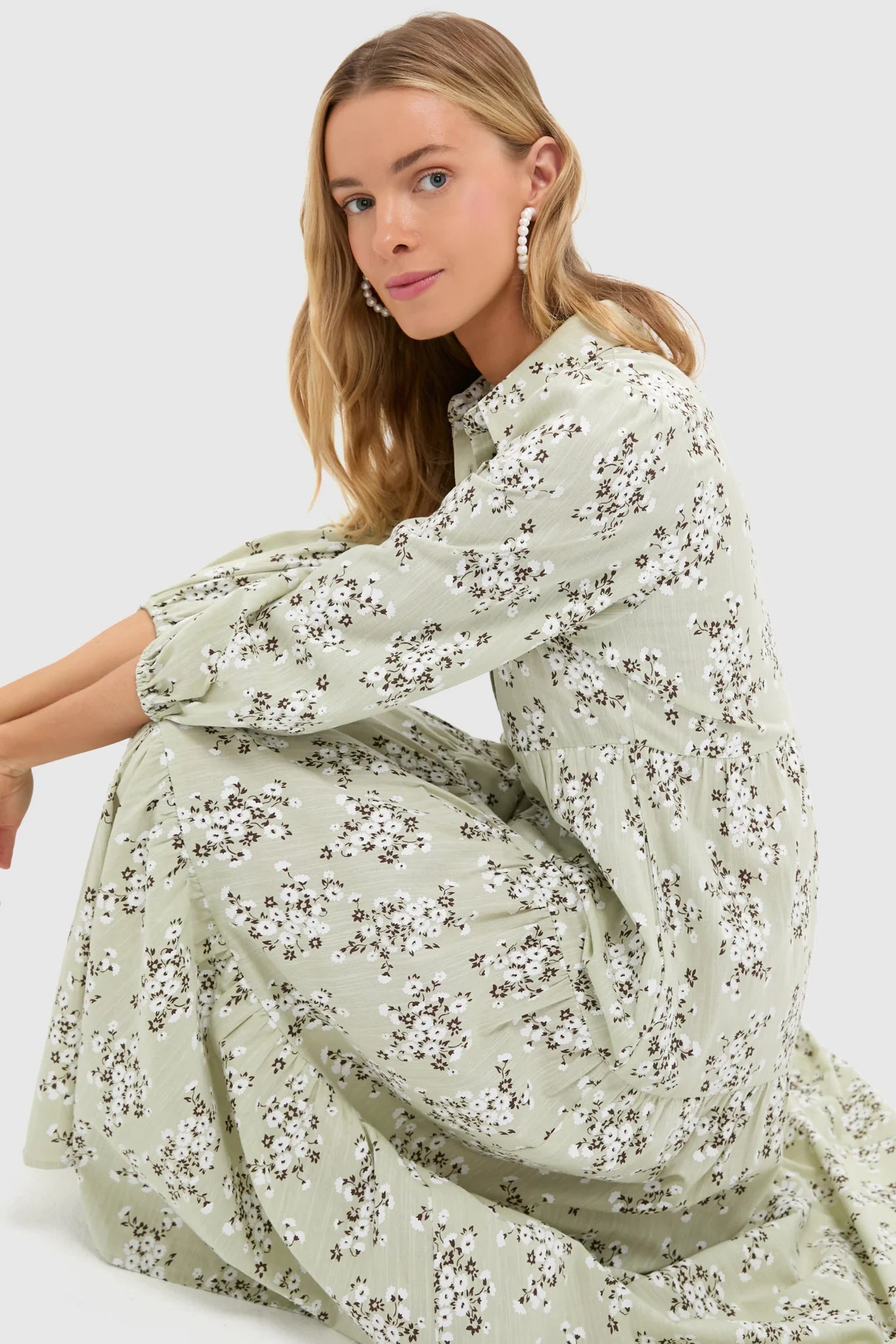 Green Ditsy Floral Cotton Mabel Maxi Dress