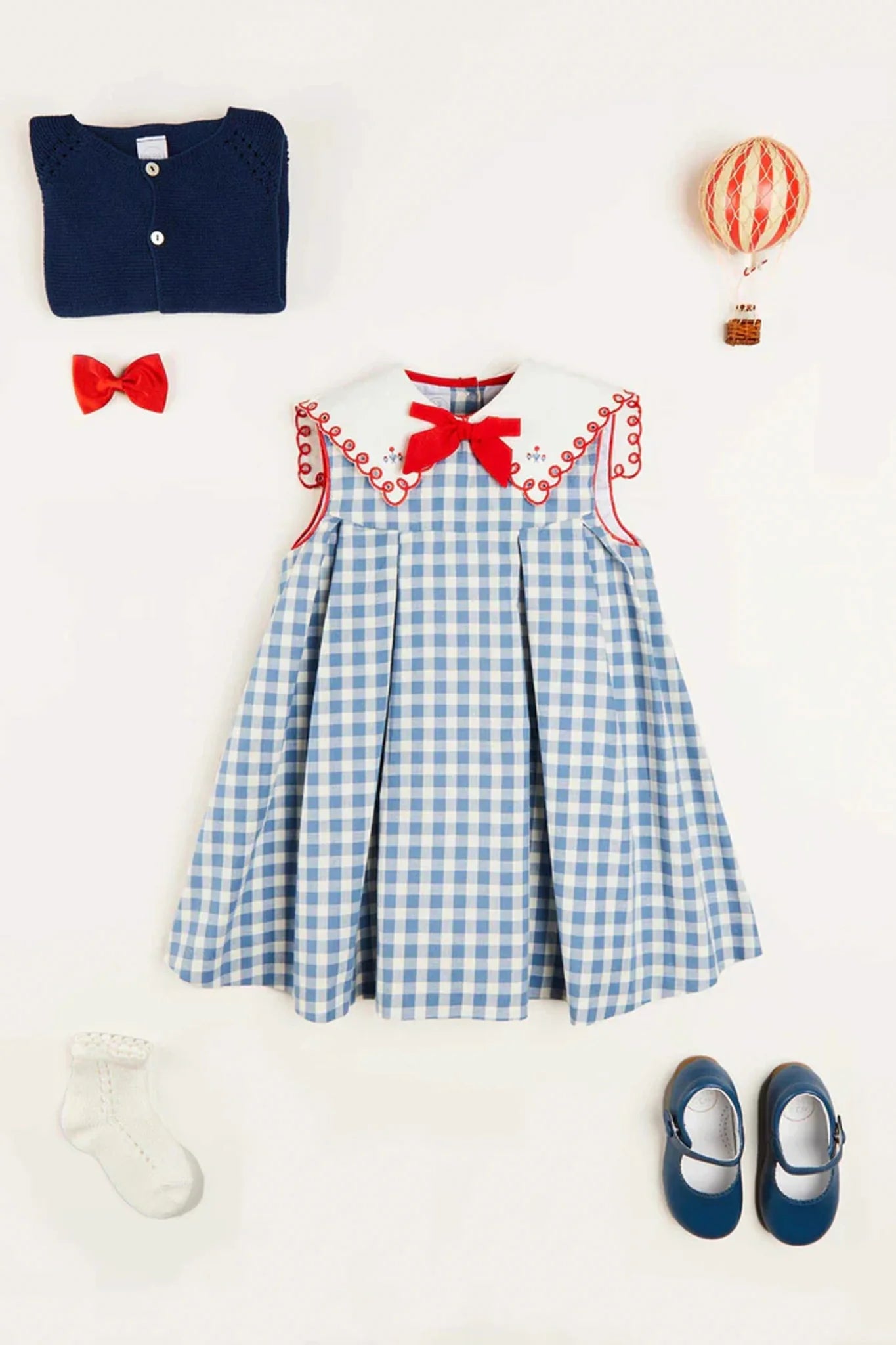 Embroidered Gingham Sleeveless Dress in Blue