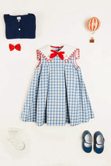 Embroidered Gingham Sleeveless Dress in Blue