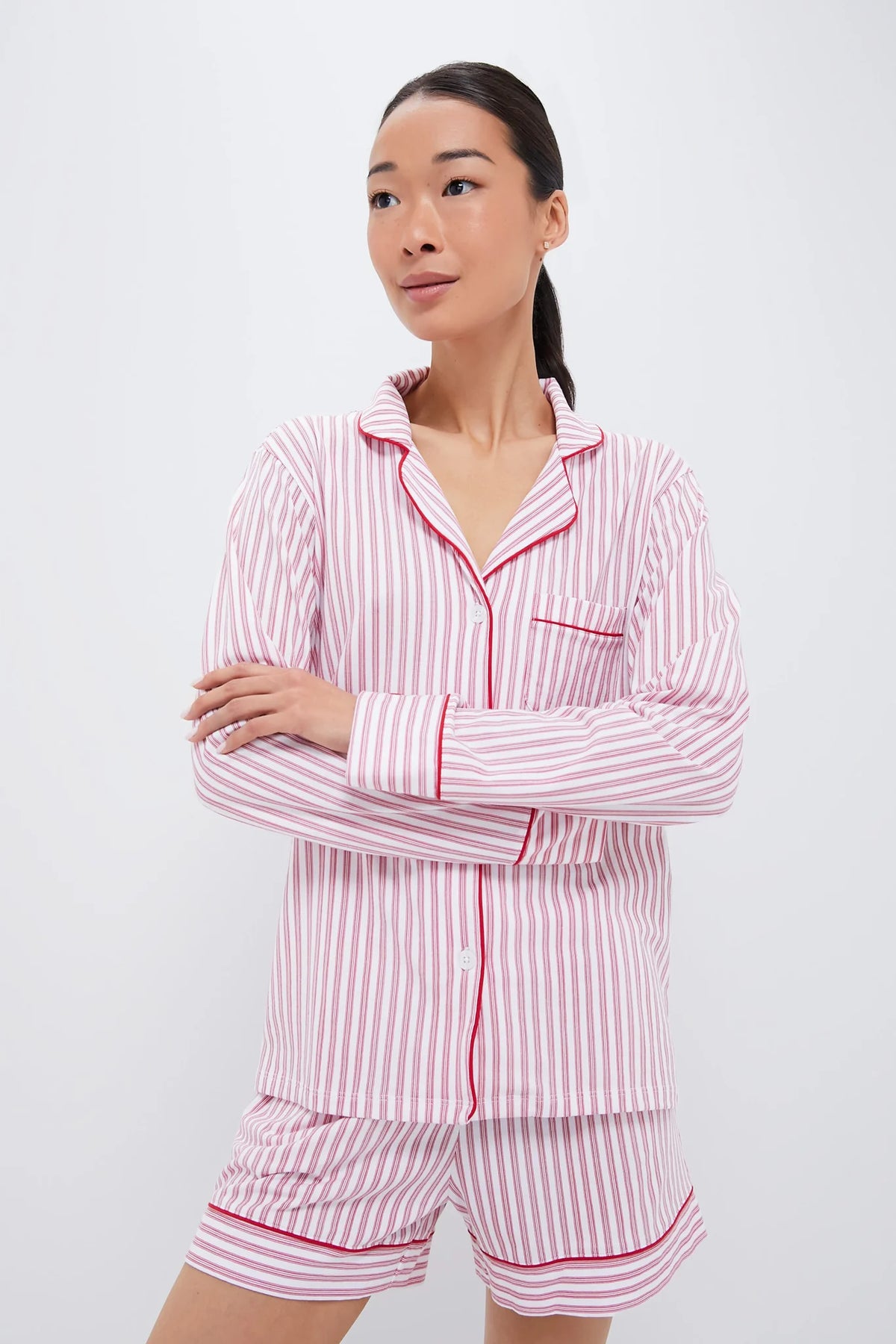 Antique Red Ticking Long Sleeve Short Pajama Set