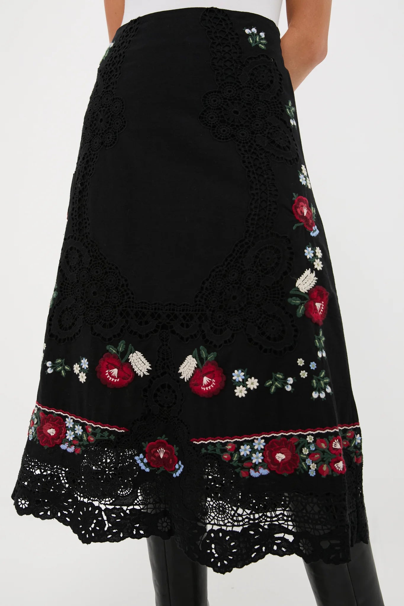 Black Rosaline Embroidery Midi Skirt