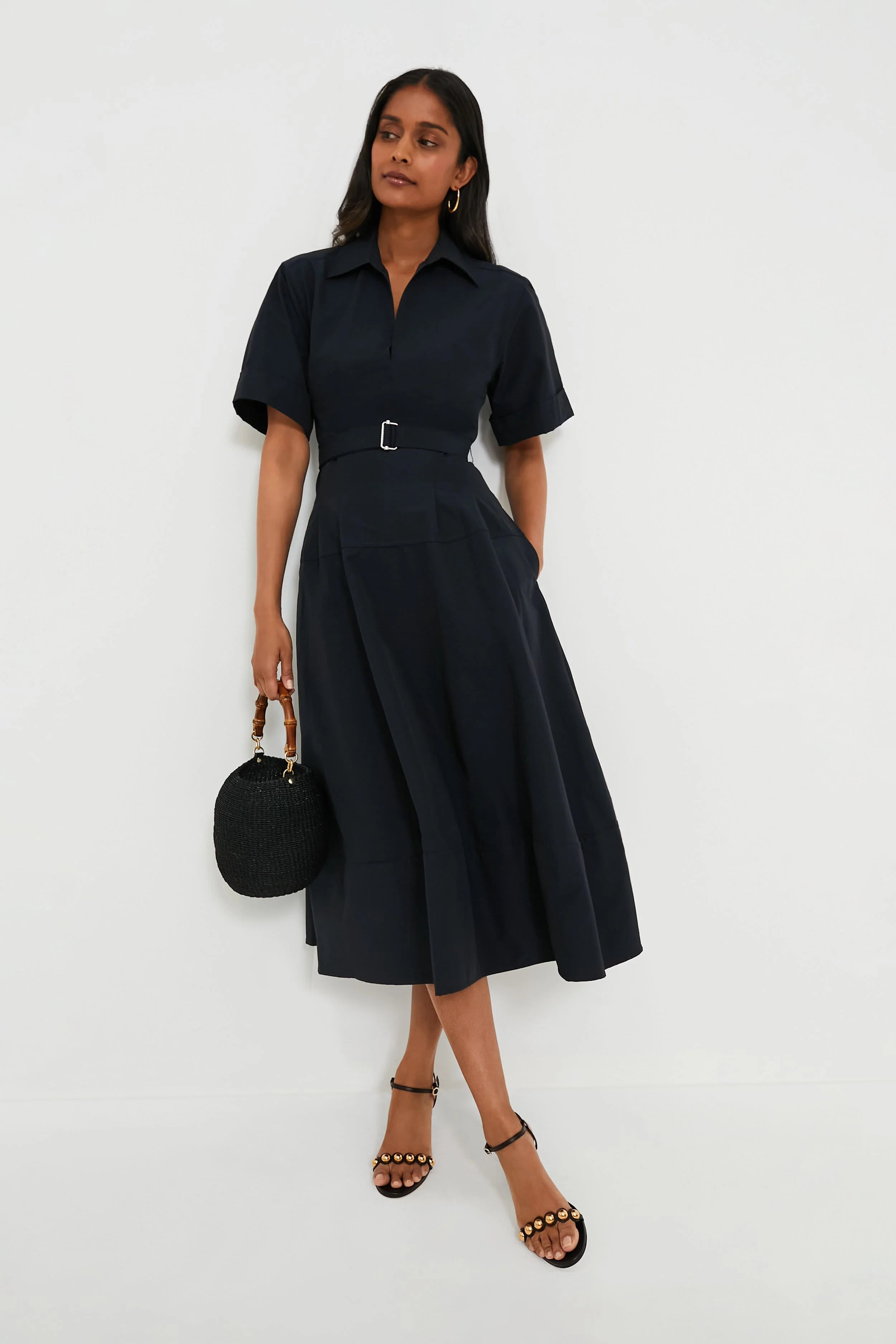 Midnight Deanna Short Sleeve Belted Midi Dress
