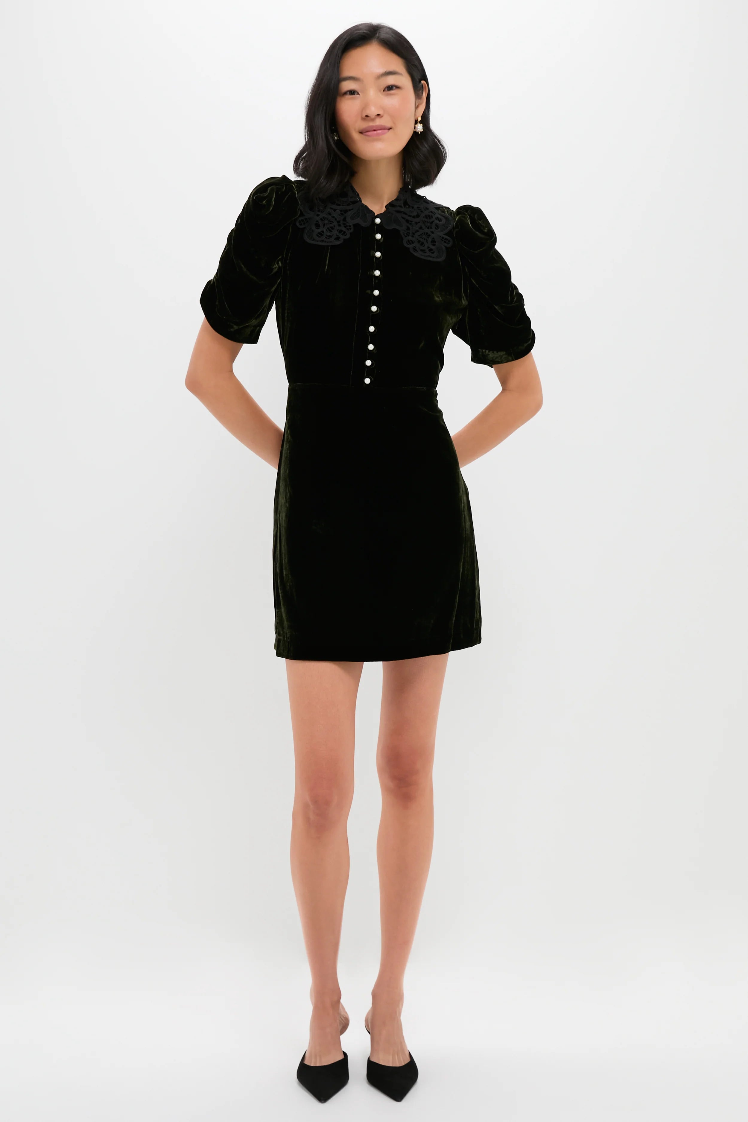 Olive Velvet Norabelle Short Sleeve Mini Dress
