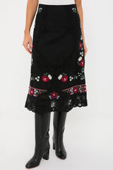 Black Rosaline Embroidery Midi Skirt
