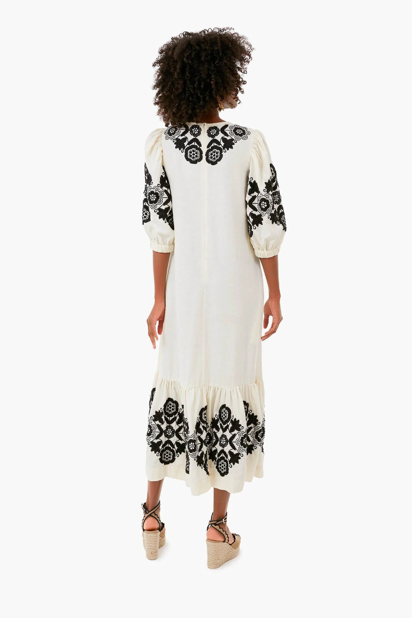 Cream Manuela Embroidered Puff Sleeve V-Neck Dress