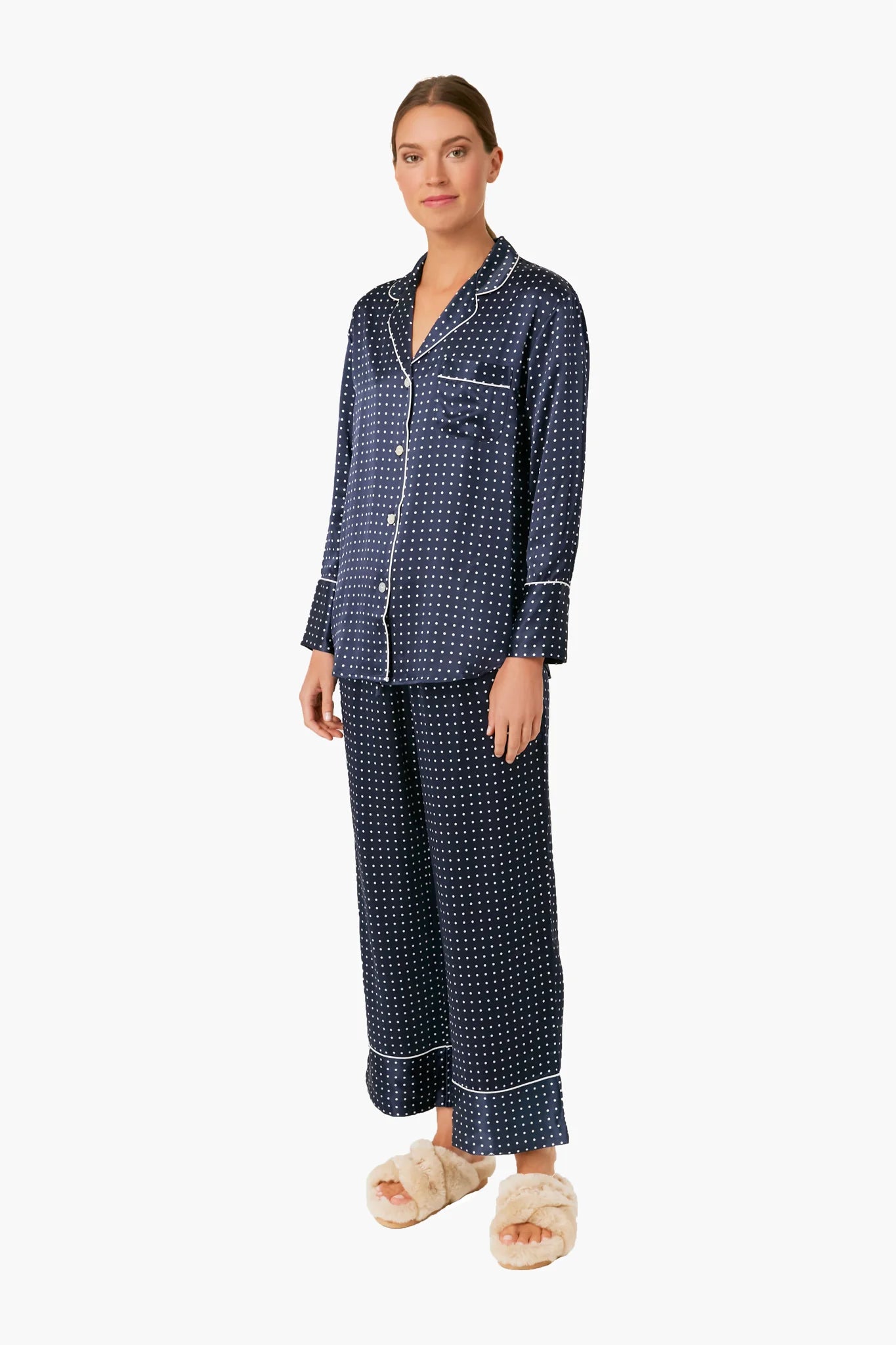 Navy Silk Polka Dot Classic Pajama Set