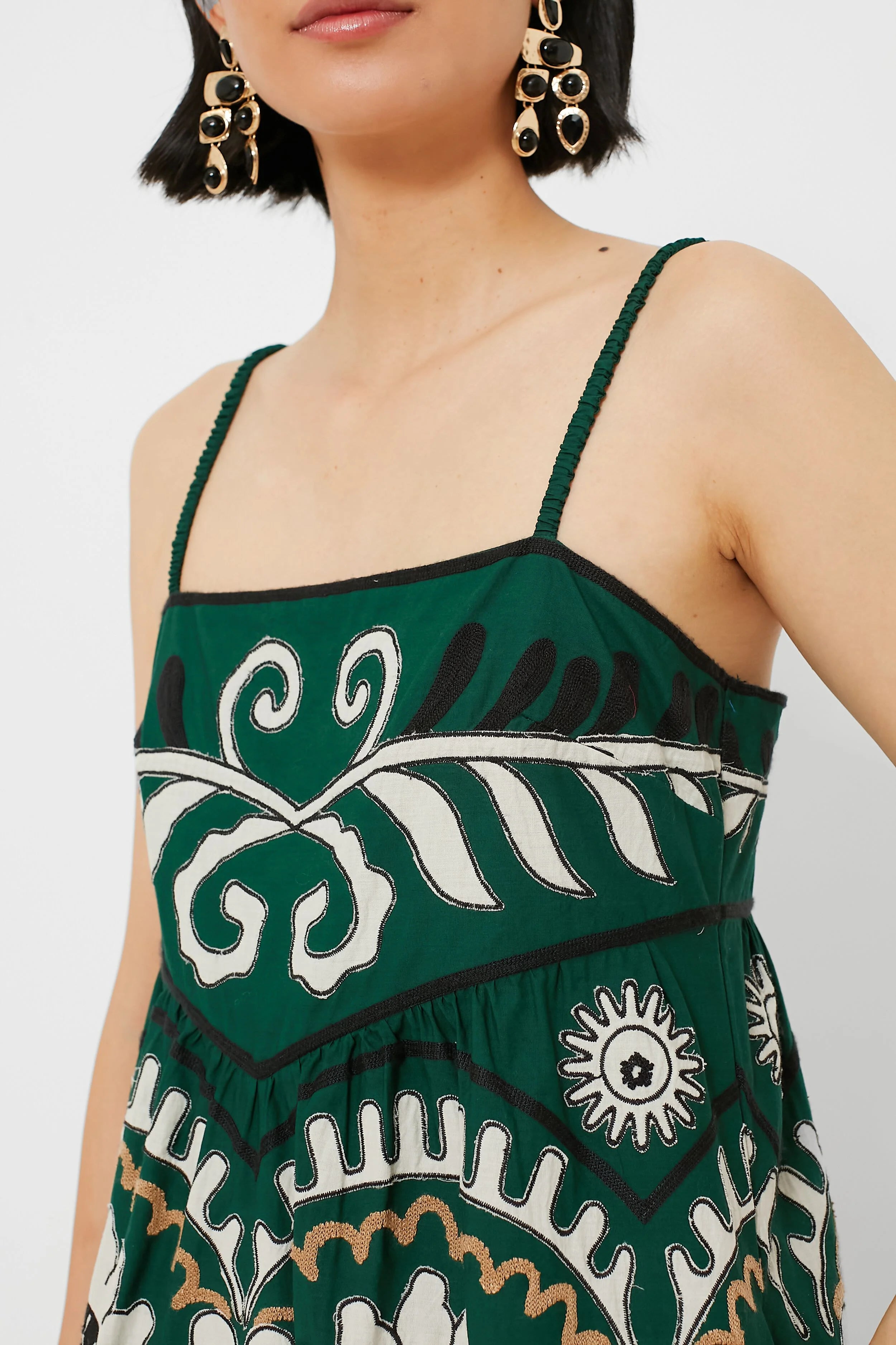 Green Charlough Print Sleeveless Embroidered Dress