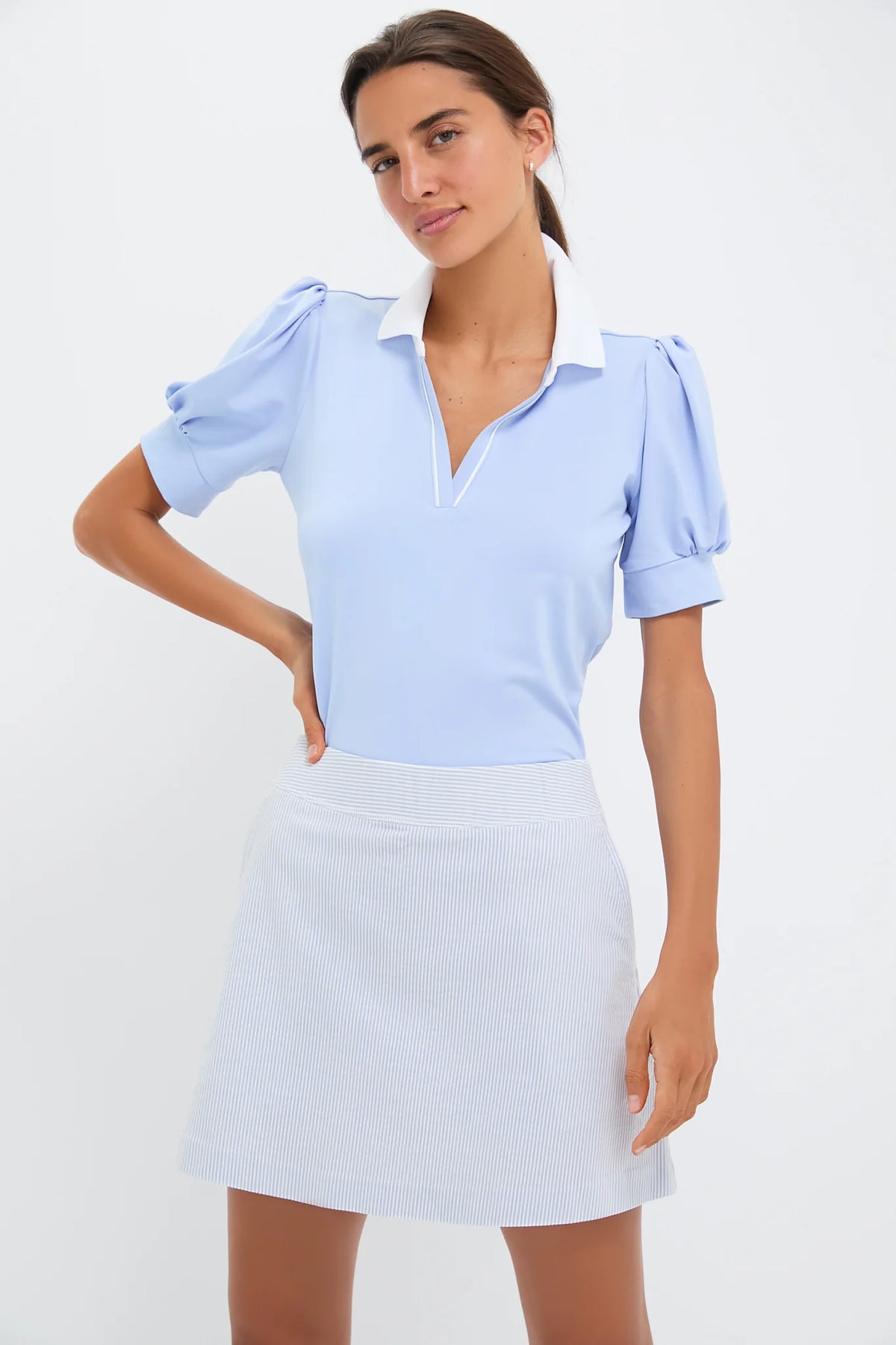 Light Blue Puff Sleeve Performance Jersey Caroline Polo