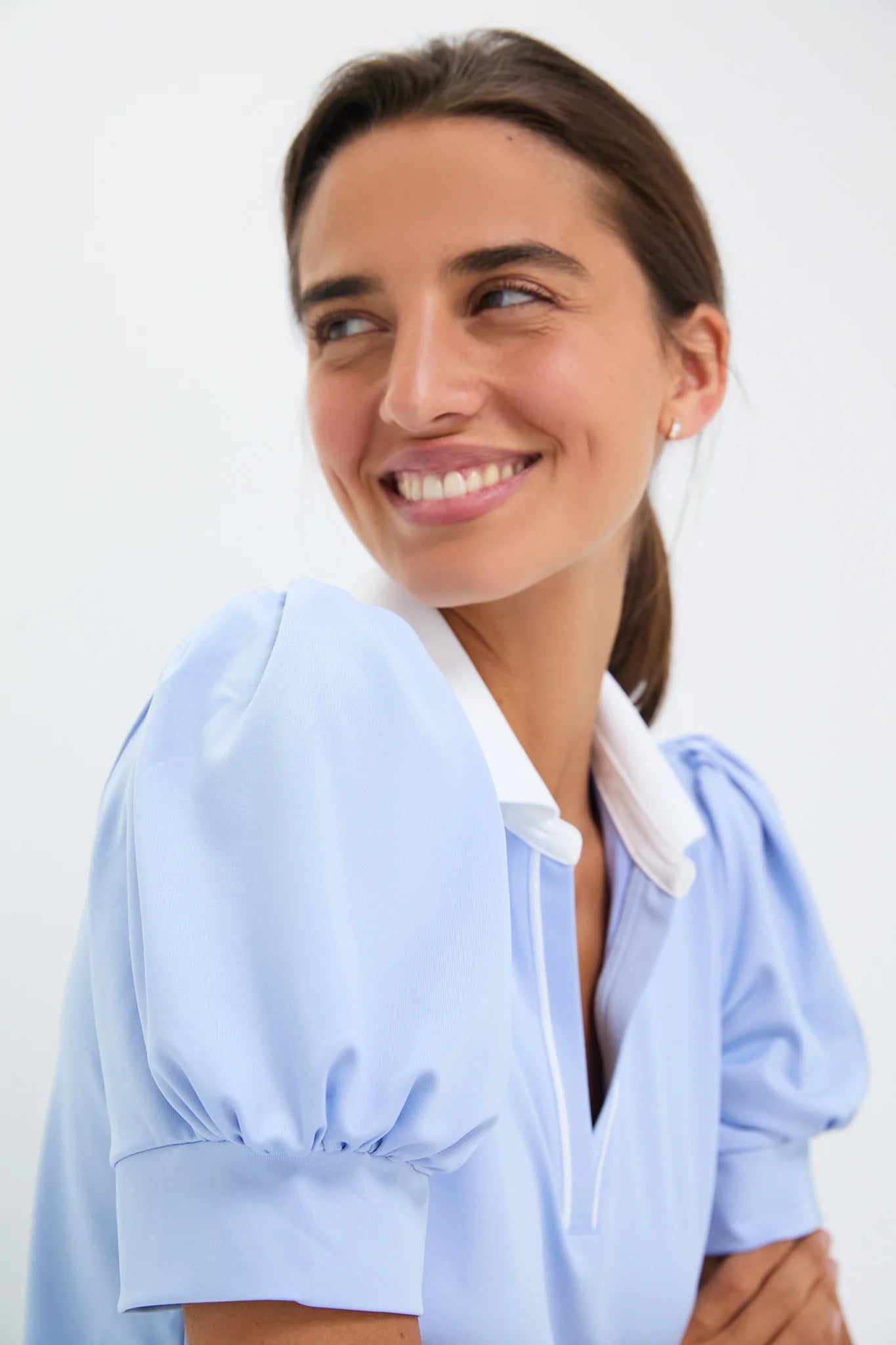 Light Blue Puff Sleeve Performance Jersey Caroline Polo