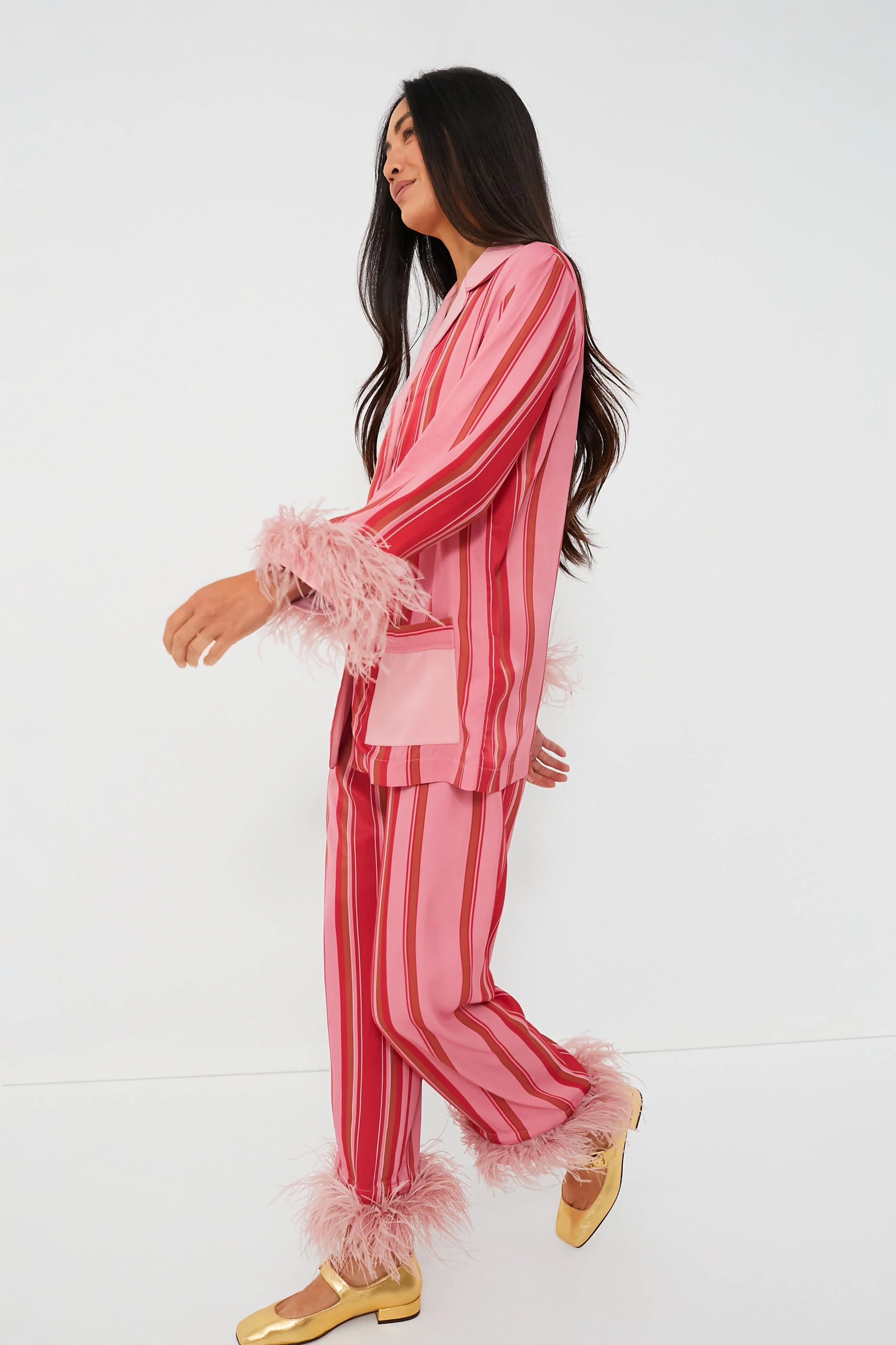 Pink Stripes Party Pajamas with Feathers