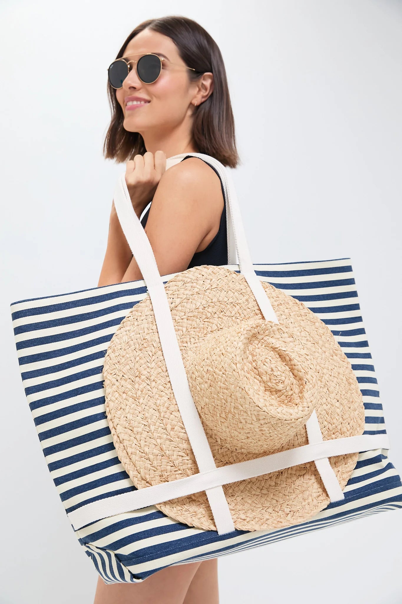 Navy Striped Sunhat Size Traveler Tote