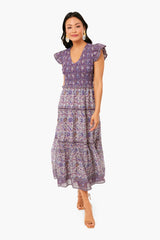 Exclusive Purple Rosita Border Smocked Midi Dress