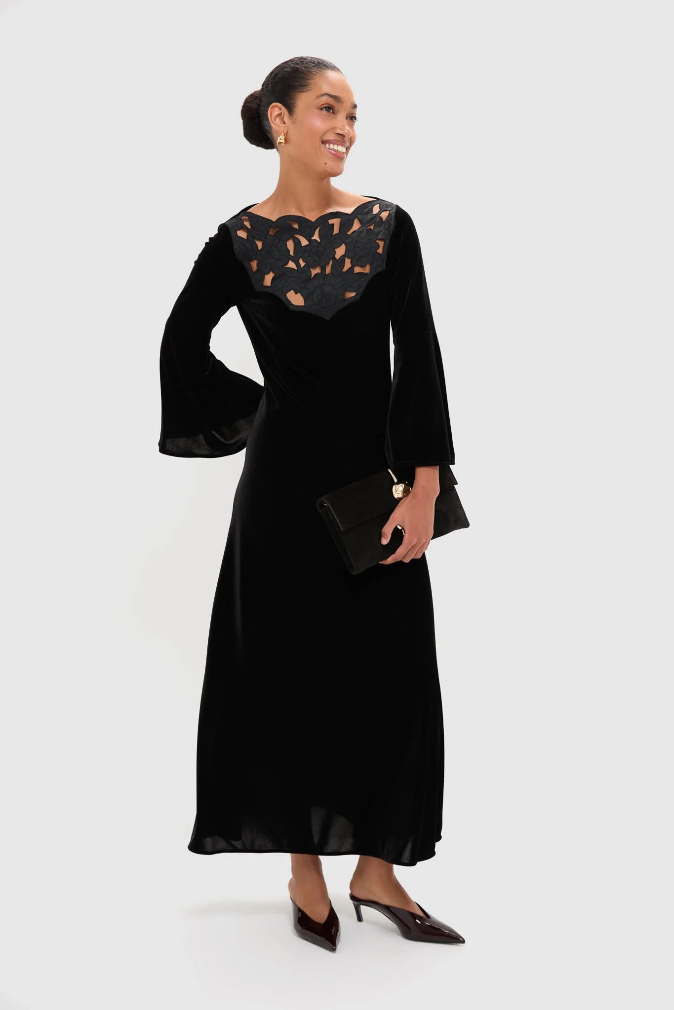 Accademia Black Velvet Bell Sleeve Catherine Maxi Dress