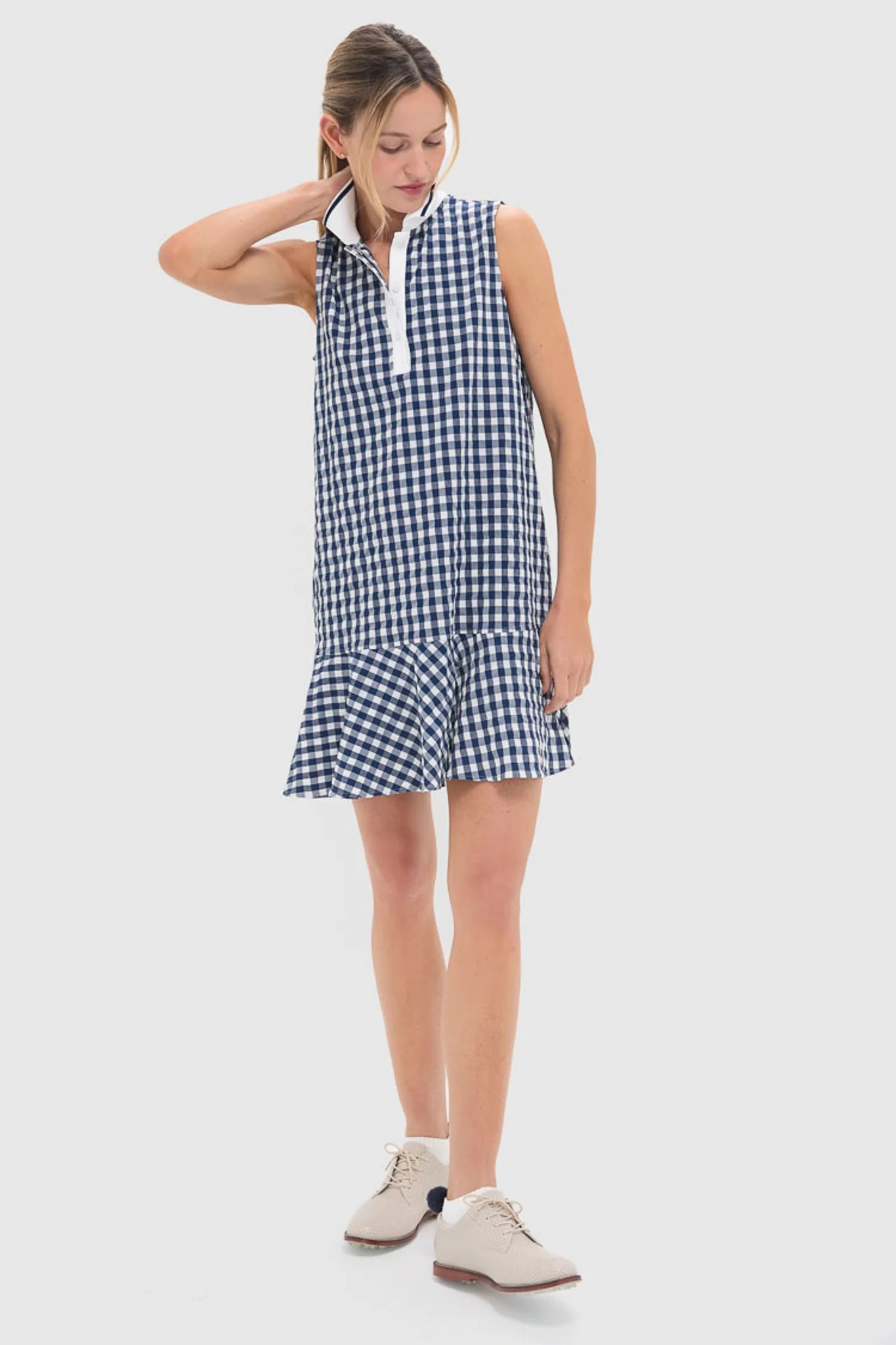 Navy Gingham Sleeveless Performance Seersucker May Golf Dress