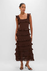 Metallic Chocolate Hypnotic Lace Frill Midi Dress