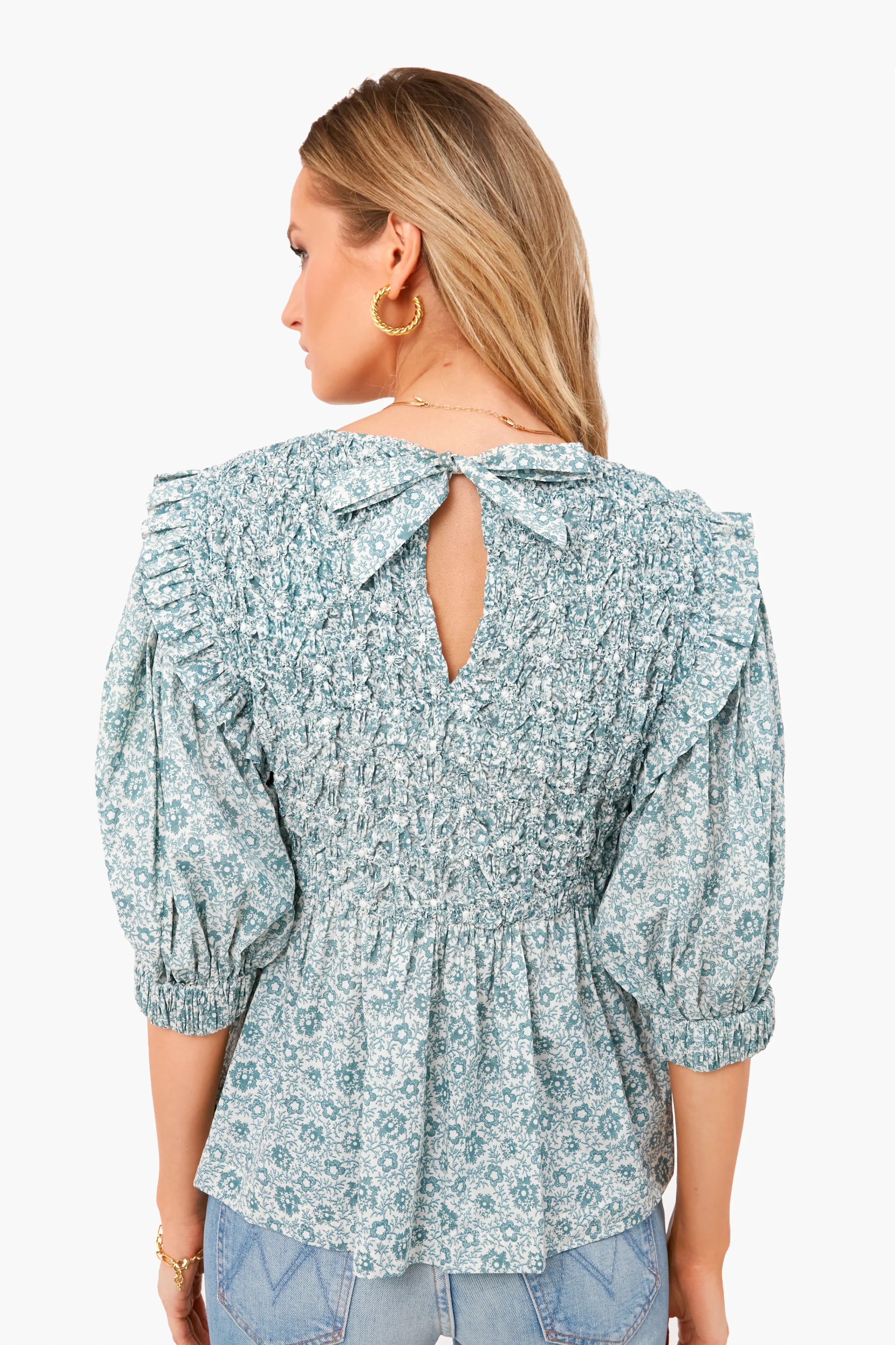 Apple Green Ida Print Puff Sleeve Smocked Top