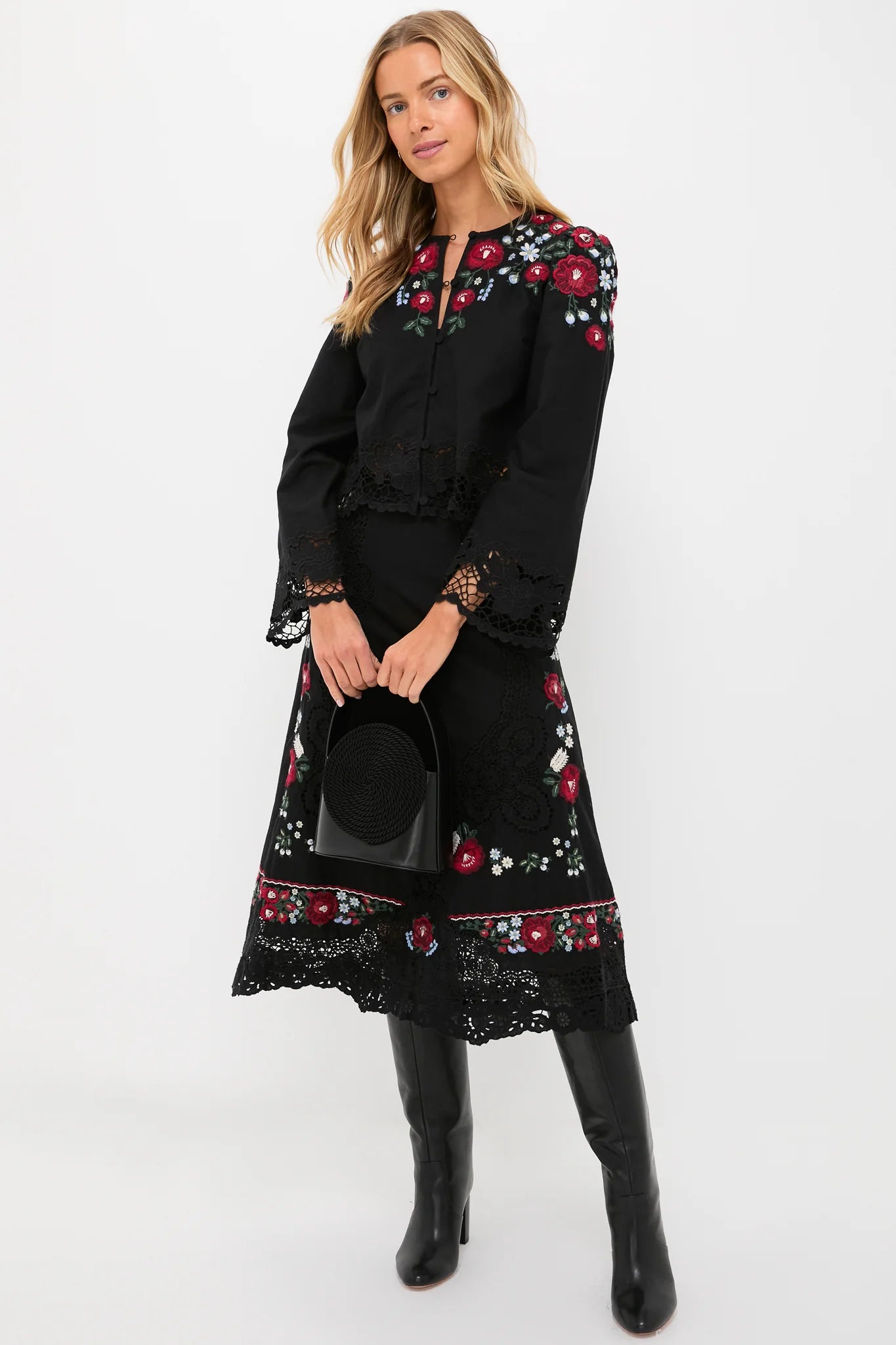 Black Rosaline Embroidery Long Sleeve Button Up Top