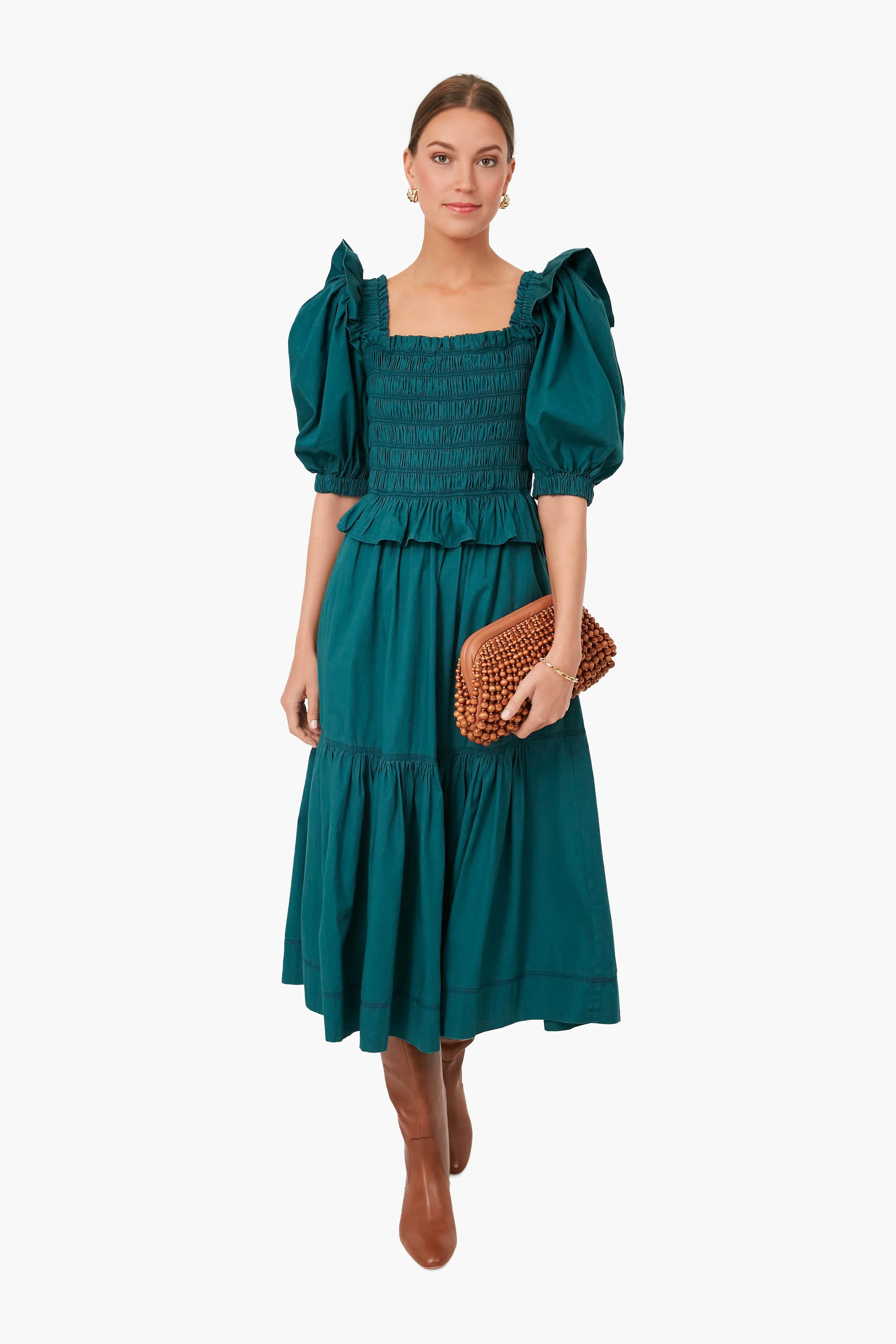 Forest Sybil Solid Cotton Puff Sleeve Smocked Dress