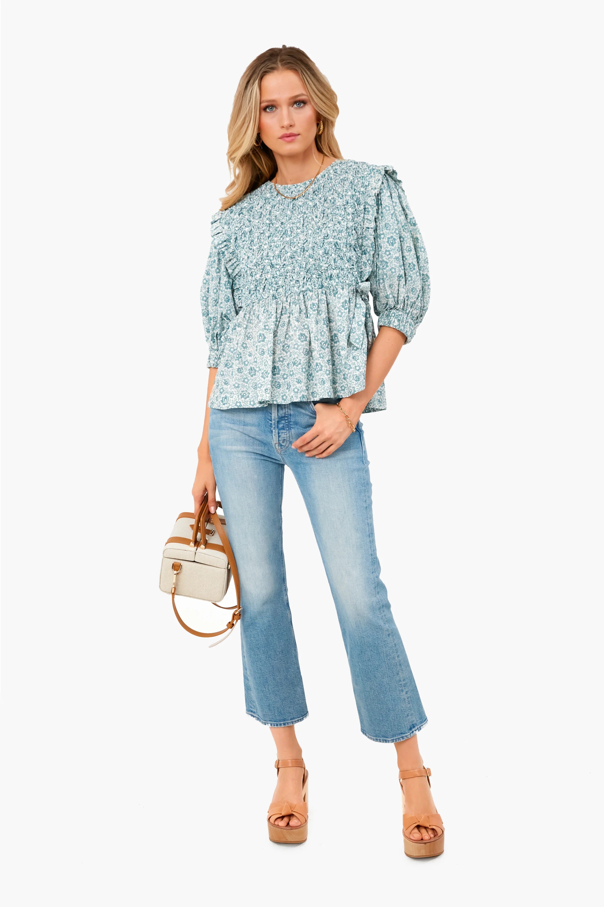 Apple Green Ida Print Puff Sleeve Smocked Top