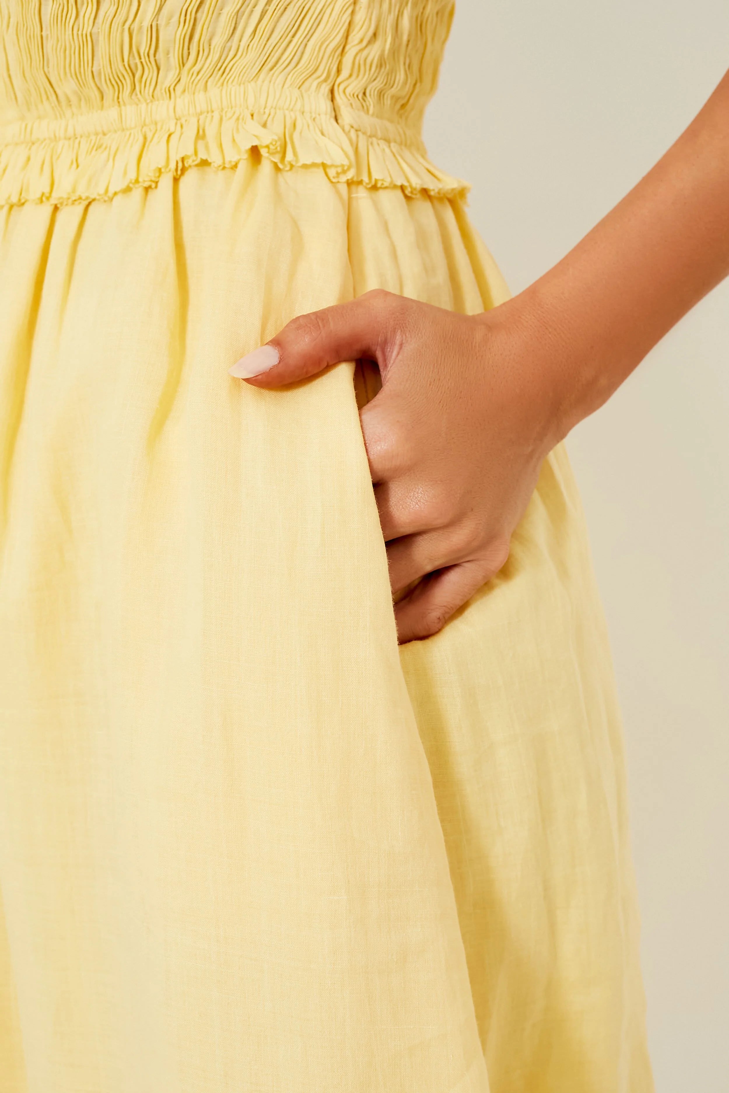 Yellow Cole Smocked Ramie Midi Dress