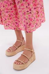 Beige Raffia with Hibiscus Embroidery Gio Platform Sandals