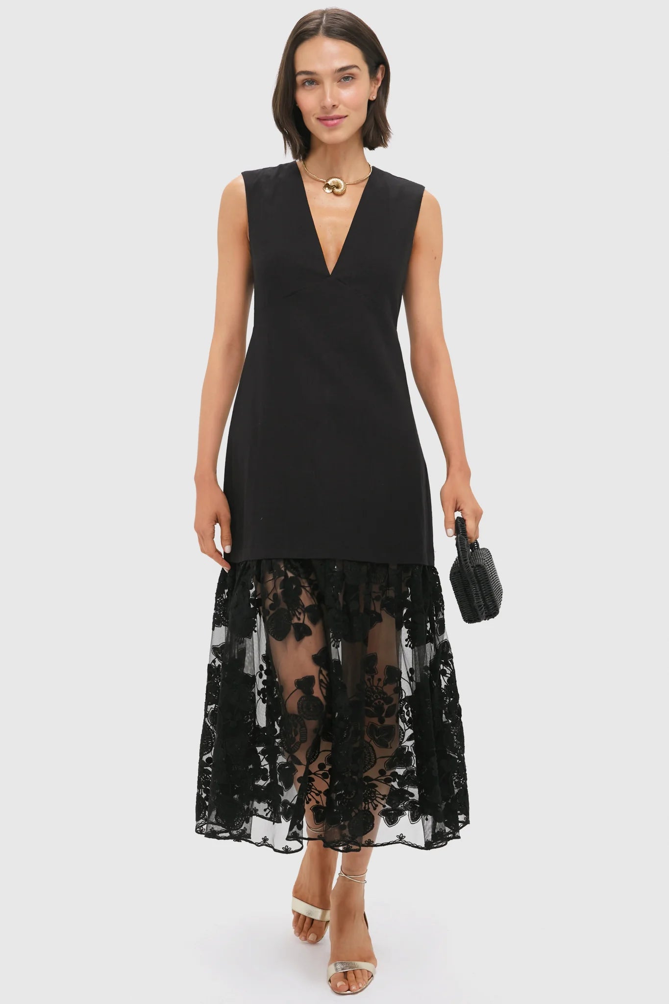 Black Arielle Lace V-Neck Midi Dress
